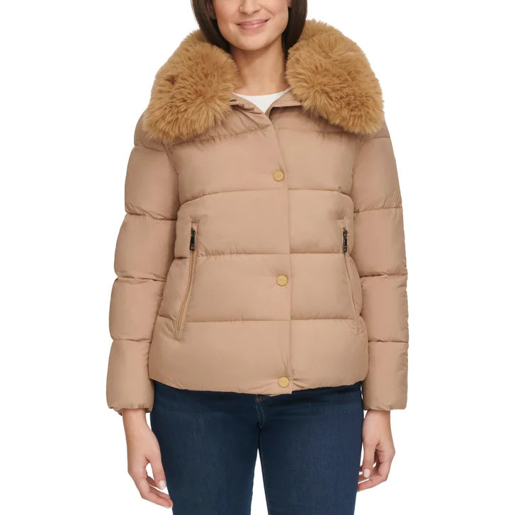 DKNY Women's Short Puffer with Removable Faux Fur Collar