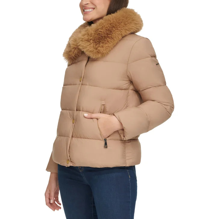 DKNY Women's Short Puffer with Removable Faux Fur Collar