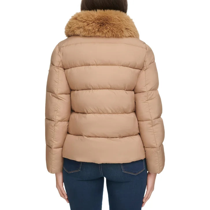 DKNY Women's Short Puffer with Removable Faux Fur Collar