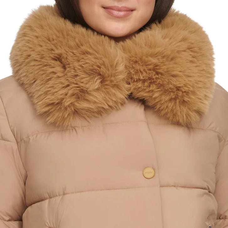 DKNY Women's Short Puffer with Removable Faux Fur Collar