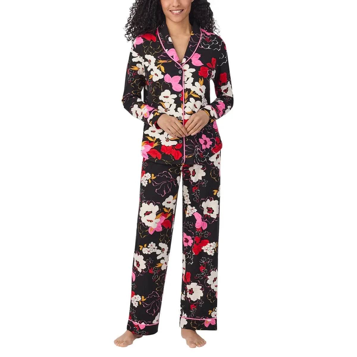 Room Service Women's Shawl Collar Pajama Set – Black Floral – Image 1
