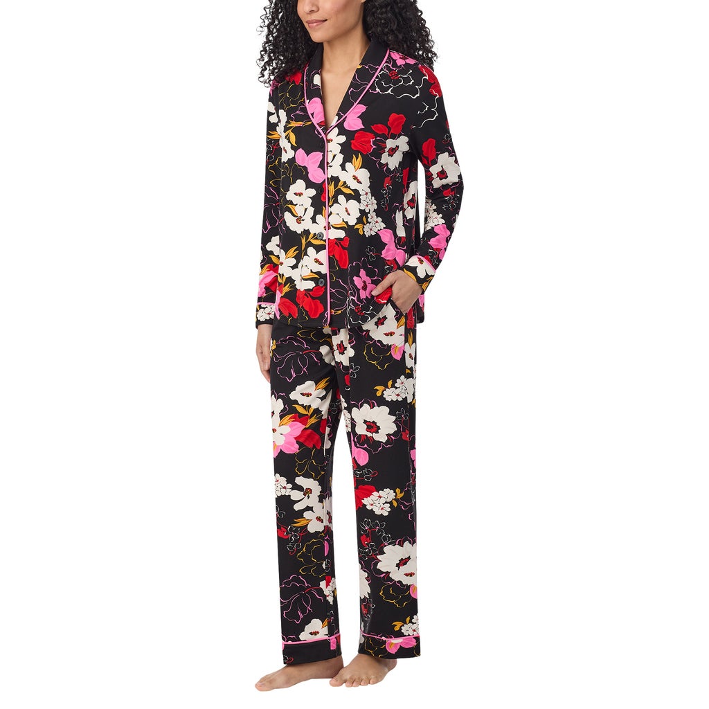 Room Service Women's Shawl Collar Pajama Set – Black Floral – Image 2