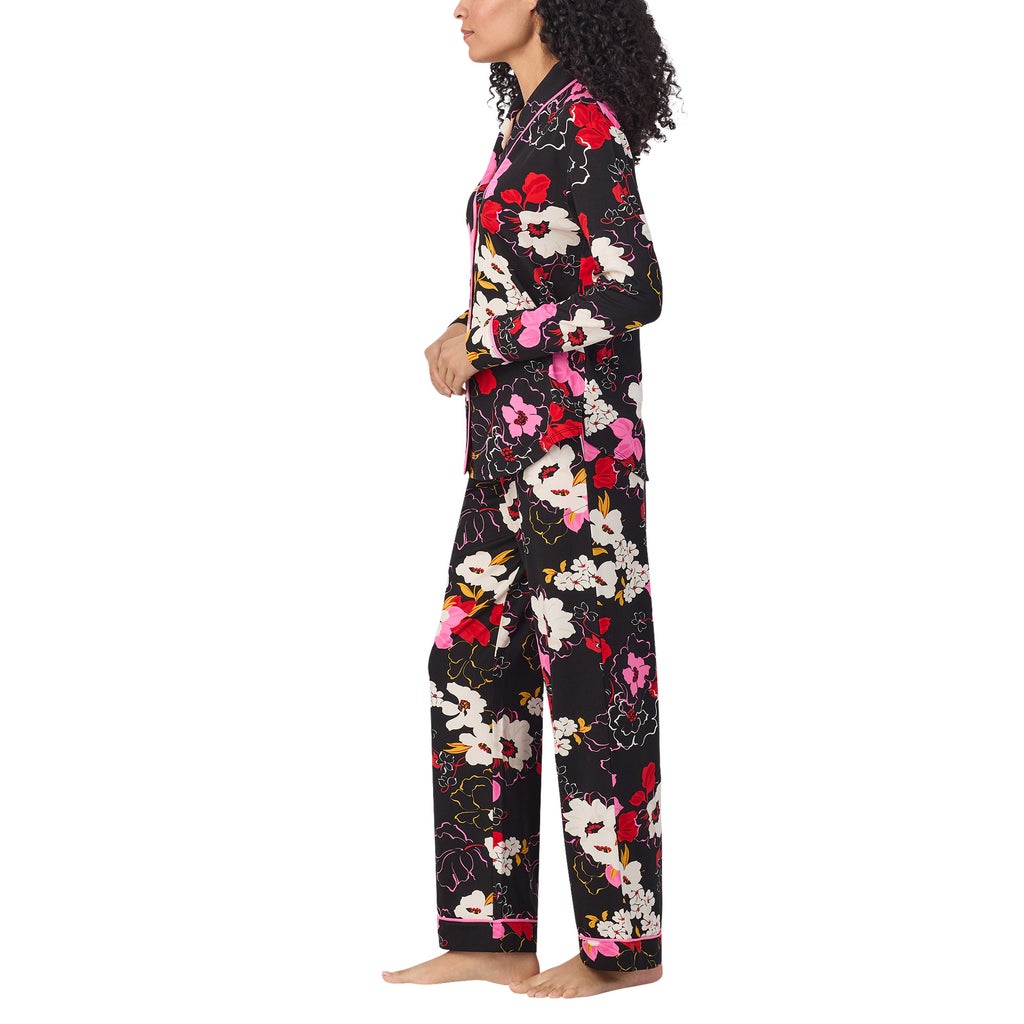 Room Service Women's Shawl Collar Pajama Set – Black Floral – Image 3