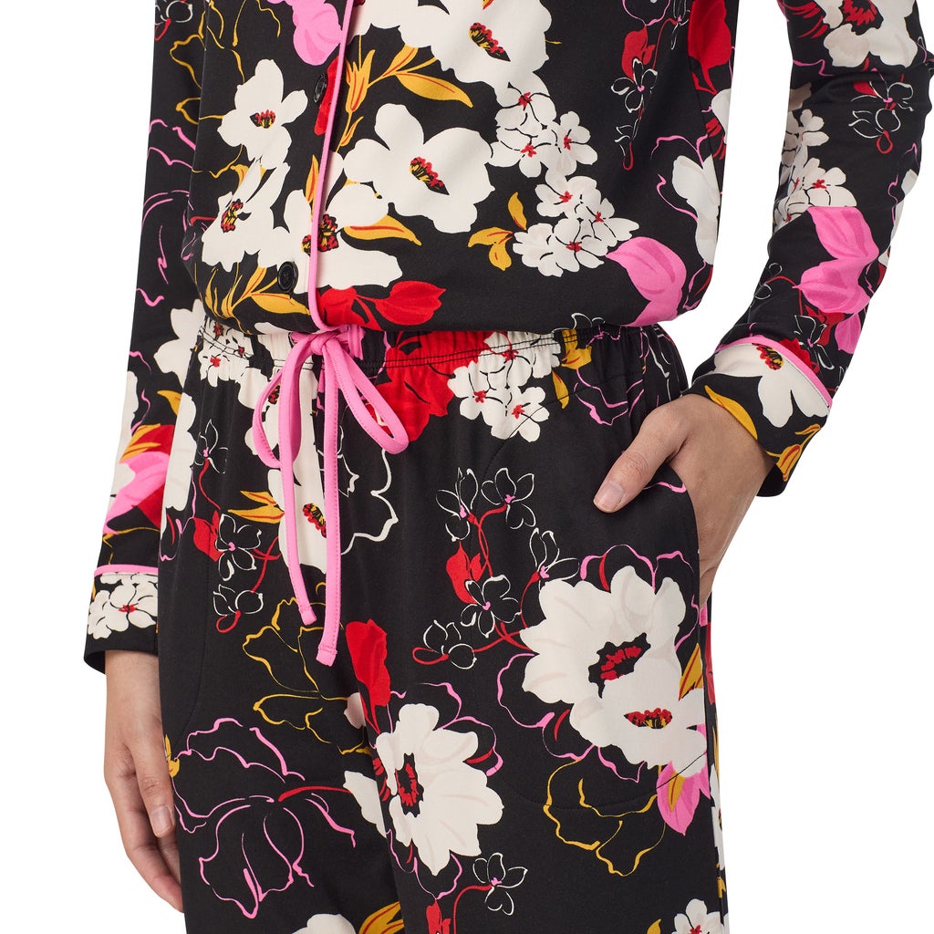 Room Service Women's Shawl Collar Pajama Set – Black Floral – Image 6