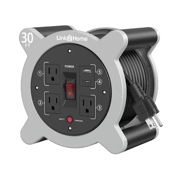 Link2Home 30ft. Cord Reel with 3 Outlets 2 USB A/C