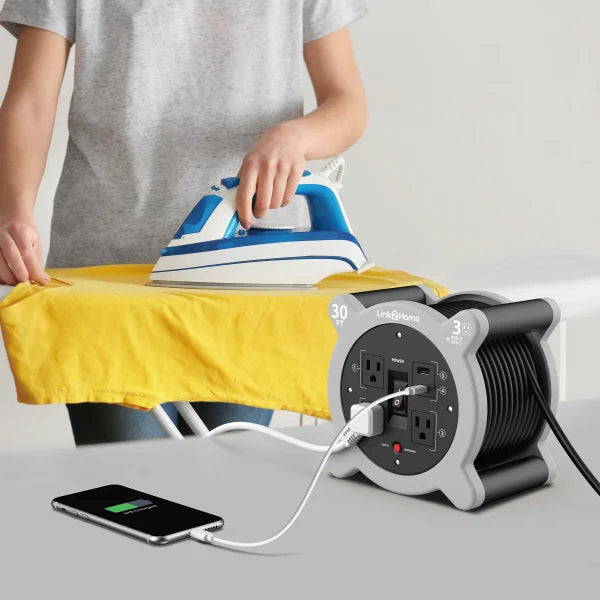 Link2Home 30ft. Cord Reel with 3 Outlets 2 USB A/C