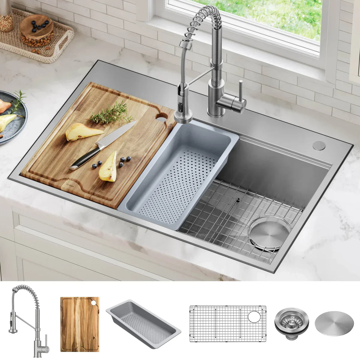 KRAUS Topmount Workstation Kitchen Sink with Commercial Pull-Down Faucet