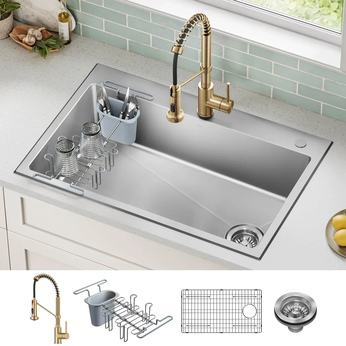 KRAUS 33" Top Mount Single Bowl Kitchen Sink with Commercial Pull Down Faucet