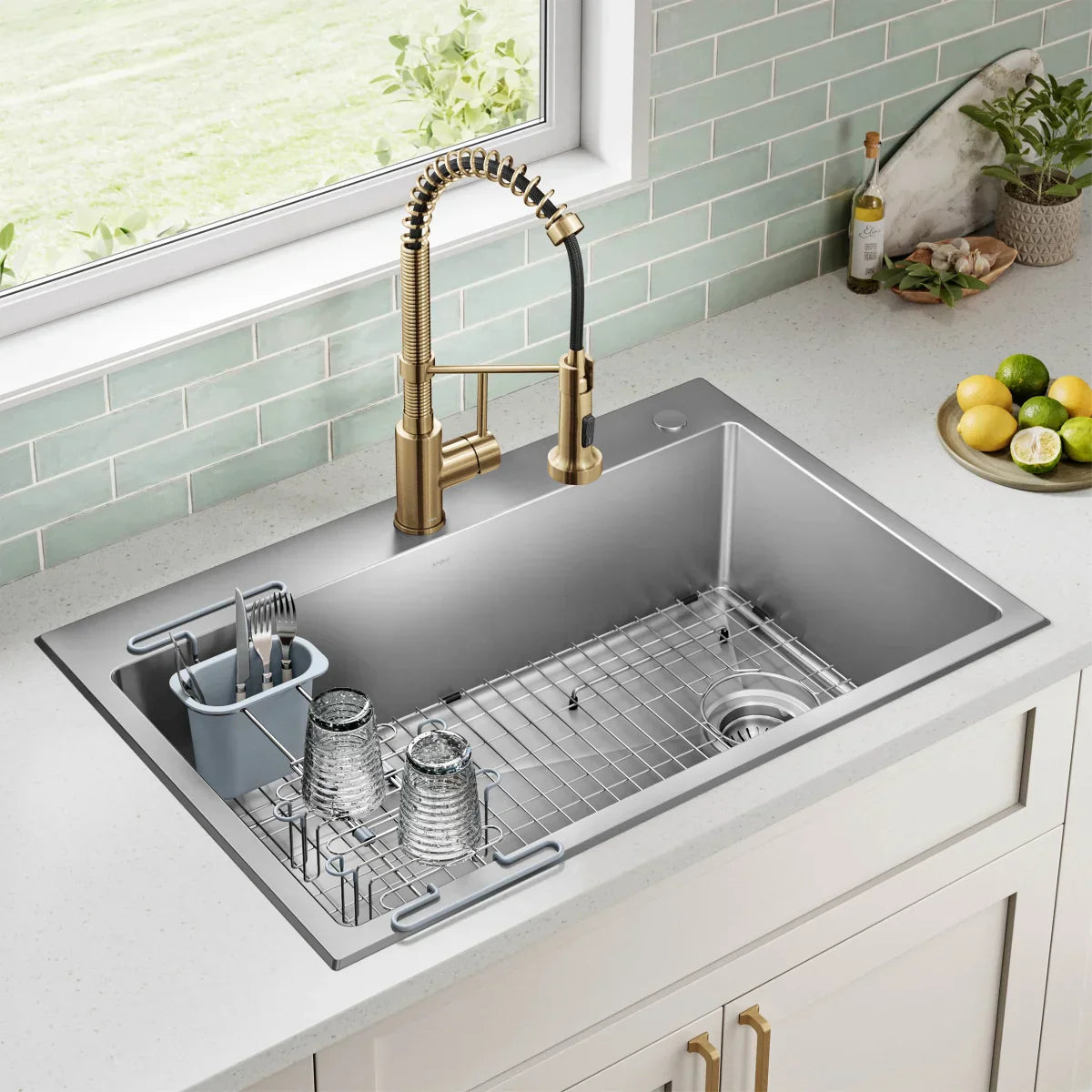 KRAUS 33" Top Mount Single Bowl Kitchen Sink with Commercial Pull Down Faucet