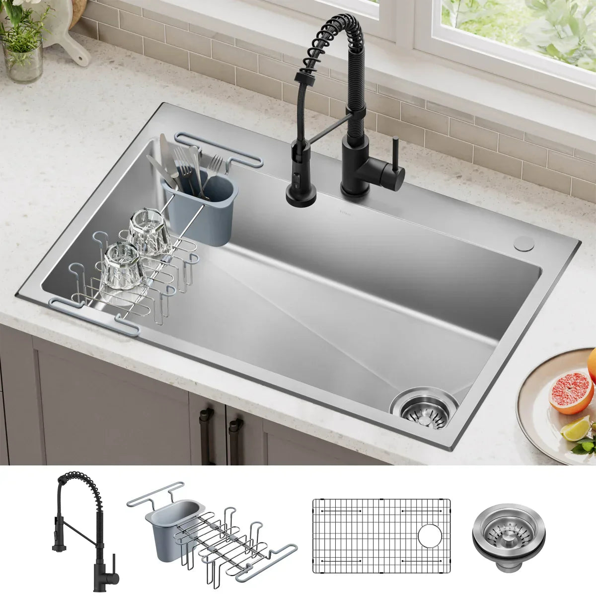 KRAUS 33" Top Mount Single Bowl Kitchen Sink with Commercial Pull Down Faucet