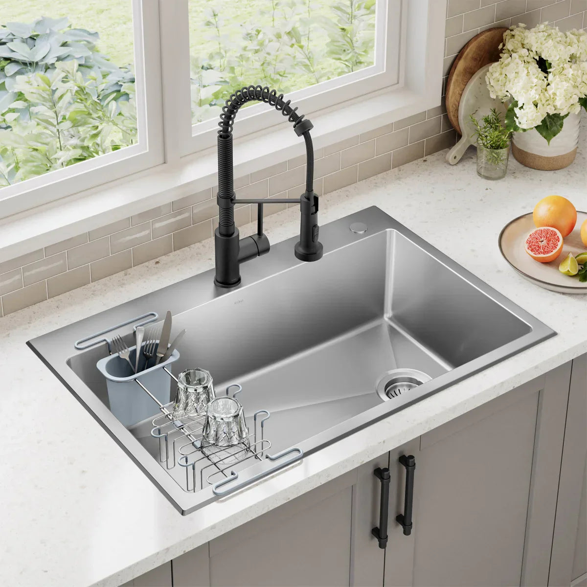 KRAUS 33" Top Mount Single Bowl Kitchen Sink with Commercial Pull Down Faucet