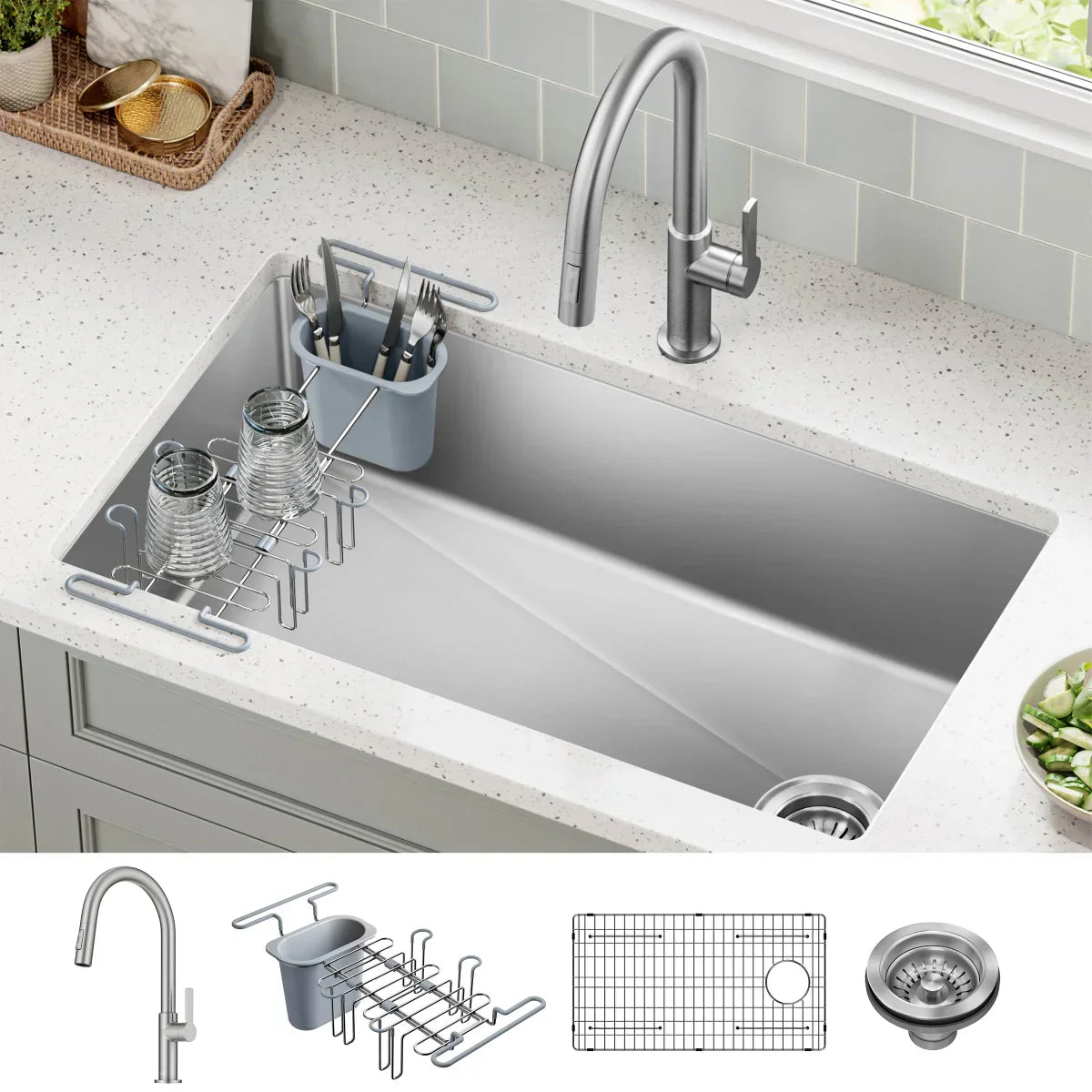 KRAUS 32” Undermount Single Bowl Kitchen Sink with Modern Pull Down Faucet