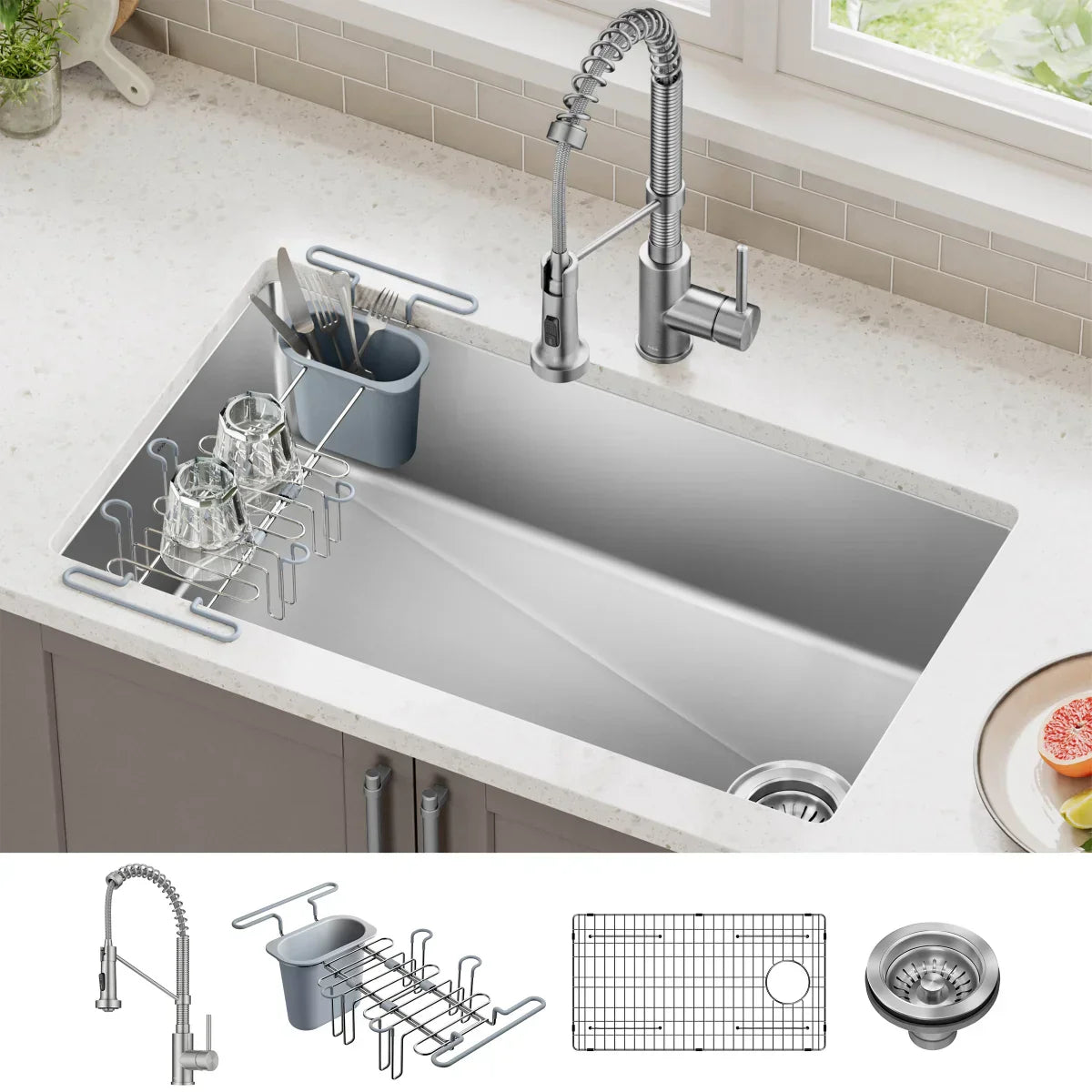 KRAUS 32” Undermount Single Bowl Kitchen Sink with Commercial Pull Down Faucet