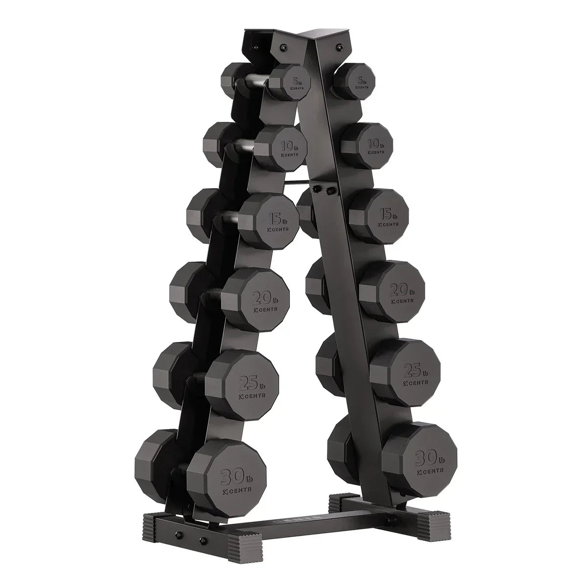Centr 12-sided 210 lb. Rubber Dumbbell Set with Rack