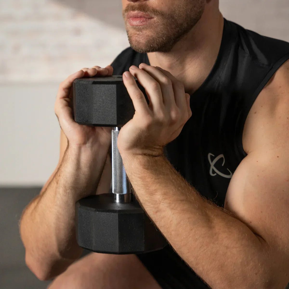 Centr 12-sided 210 lb. Rubber Dumbbell Set with Rack