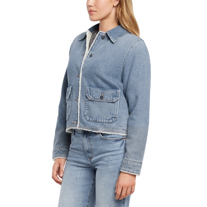 Woolrich women's trucker jacket in blue denim with faux shearling lining