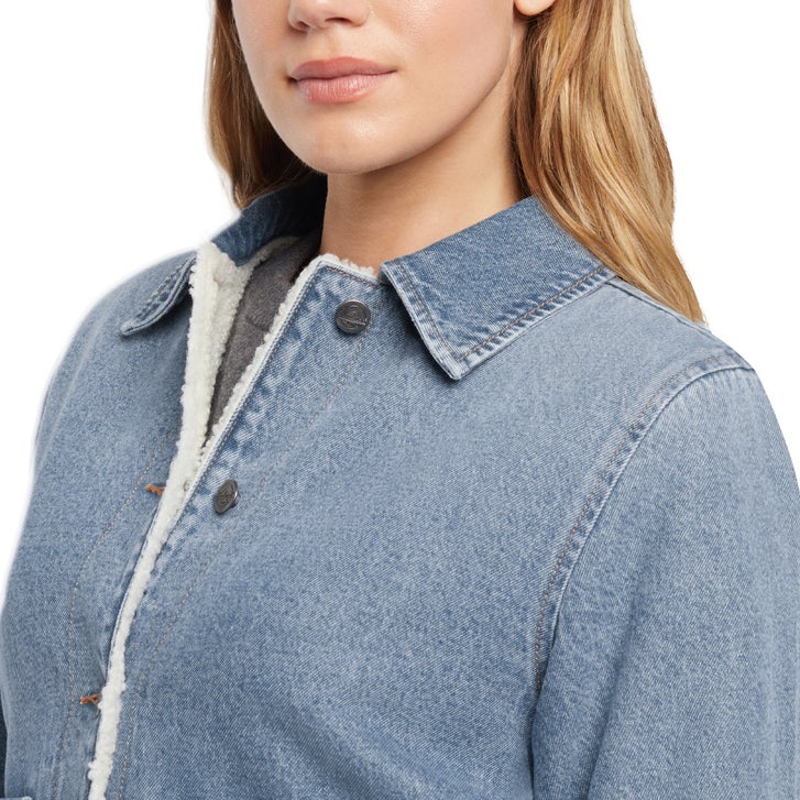 Woolrich women's trucker jacket in blue denim with faux shearling lining