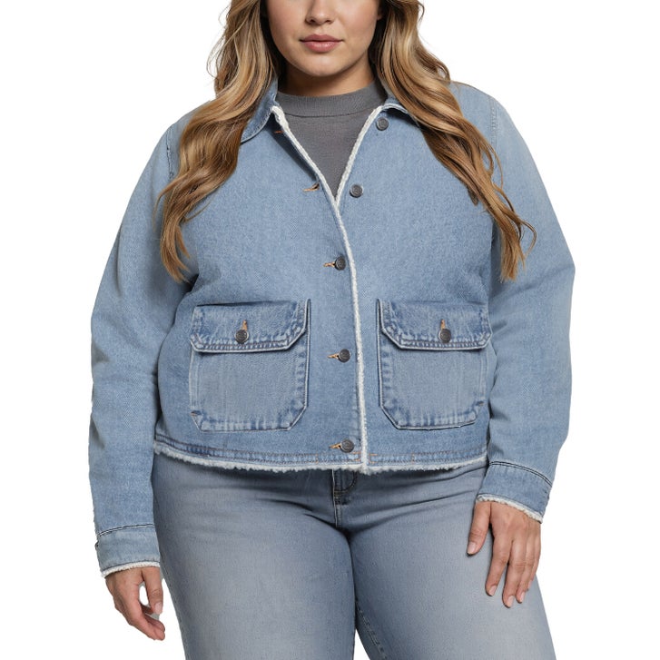 Woolrich women's trucker jacket in blue denim with faux shearling lining