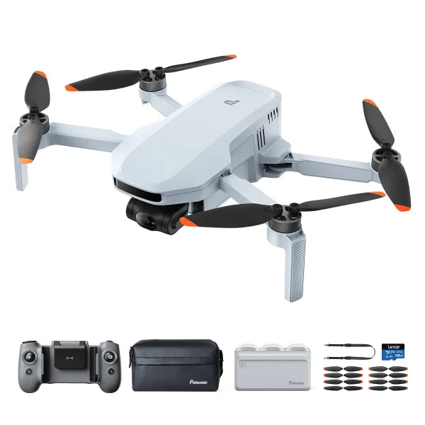 Potensic ATOM 2 4K Drone Bundle with 128GB MicroSD Card, Remote Lanyard and 2 Spare Propeller Kits.