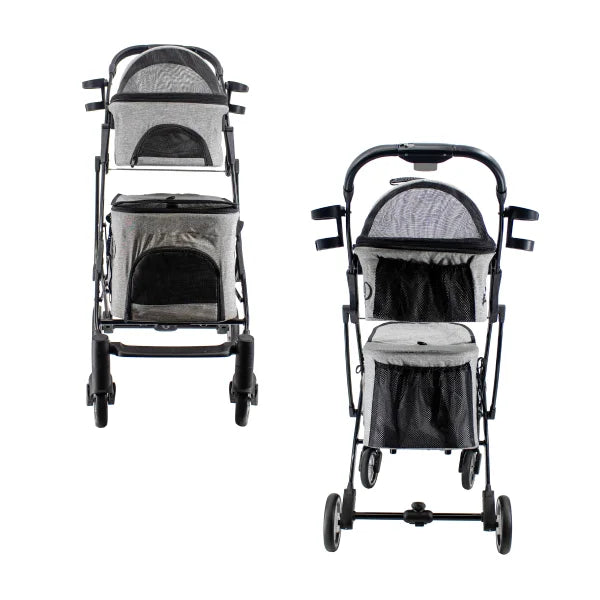 Petique Deluxe Double Decker Gray Pet Stroller With Accessory Bundle