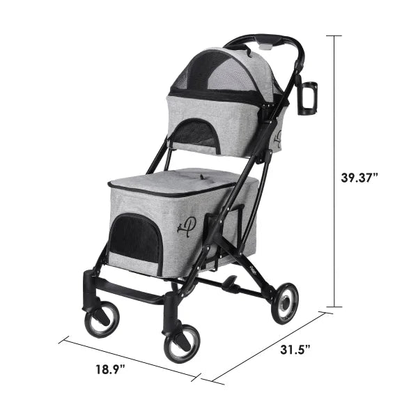 Petique Deluxe Double Decker Gray Pet Stroller With Accessory Bundle