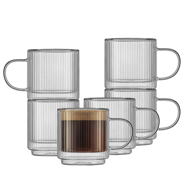 JoyJolt Haven 13.5 oz Fluted Stackable Double Wall Glass Mugs, Set of 6