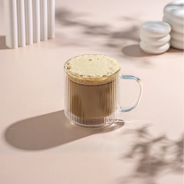 JoyJolt Haven 13.5 oz Fluted Stackable Double Wall Glass Mugs, Set of 6