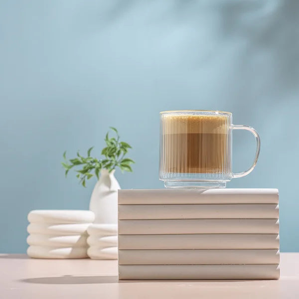 JoyJolt Haven 13.5 oz Fluted Stackable Double Wall Glass Mugs, Set of 6