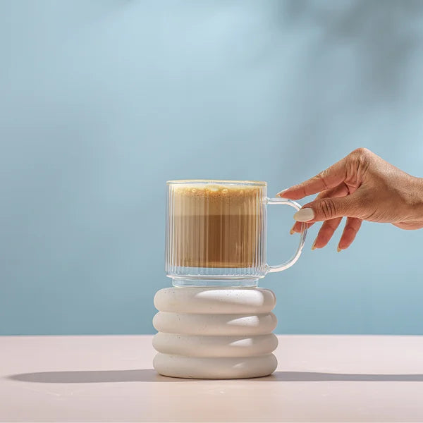 JoyJolt Haven 13.5 oz Fluted Stackable Double Wall Glass Mugs, Set of 6