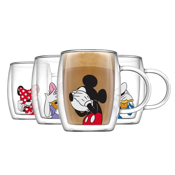 JoyJolt Disney Peek-a-Boo 13.5 oz Double Wall Glass Mug, Set of 4