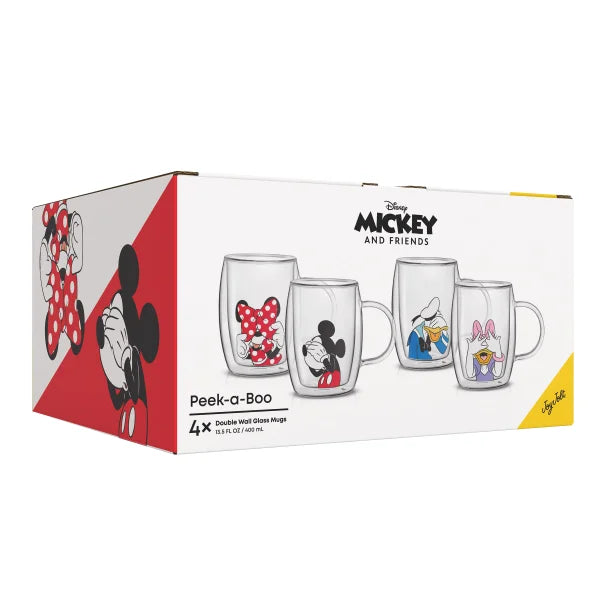 JoyJolt Disney Peek-a-Boo 13.5 oz Double Wall Glass Mug, Set of 4