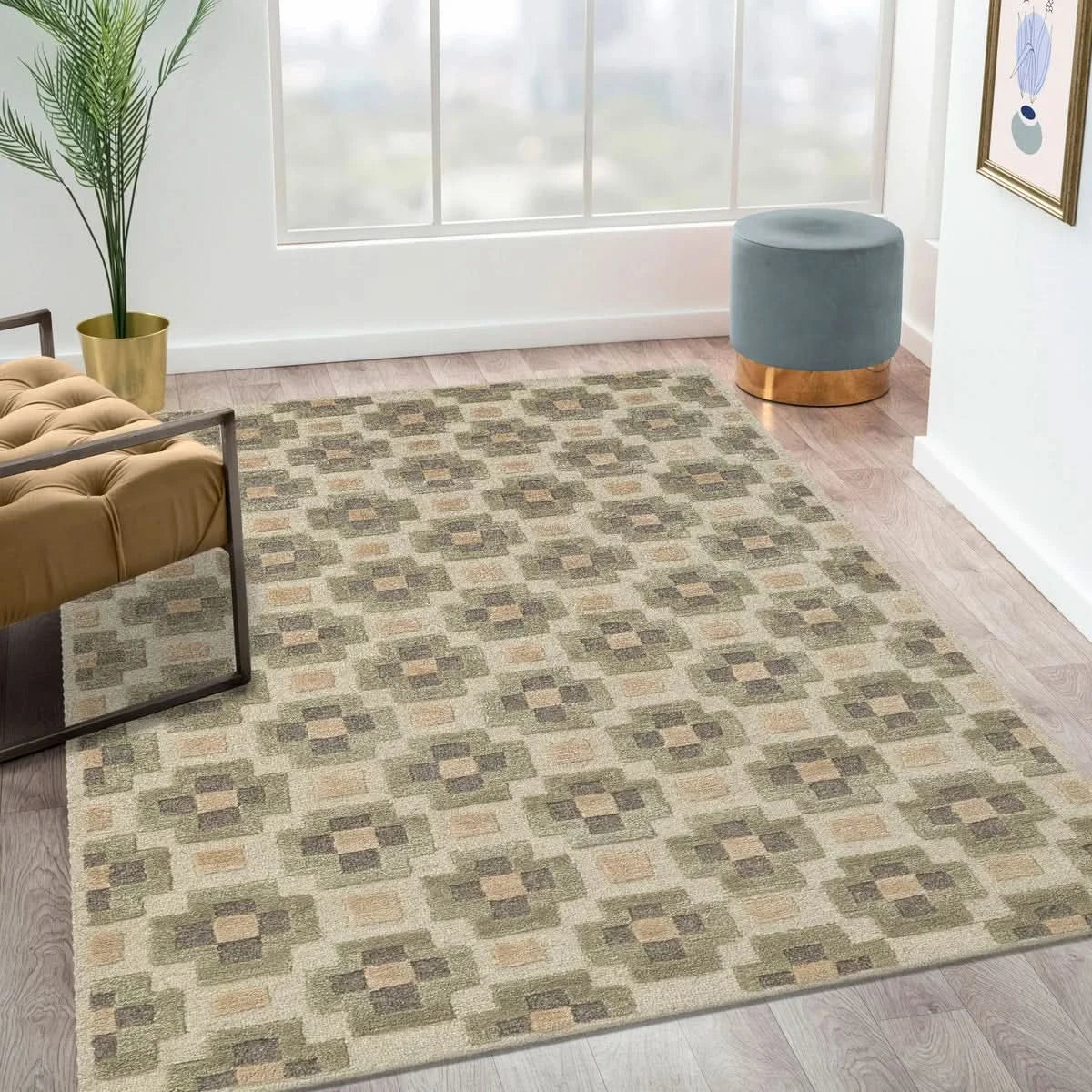 Obeetee Retro Hand Tufted Wool Area Rug, Glamour Green
