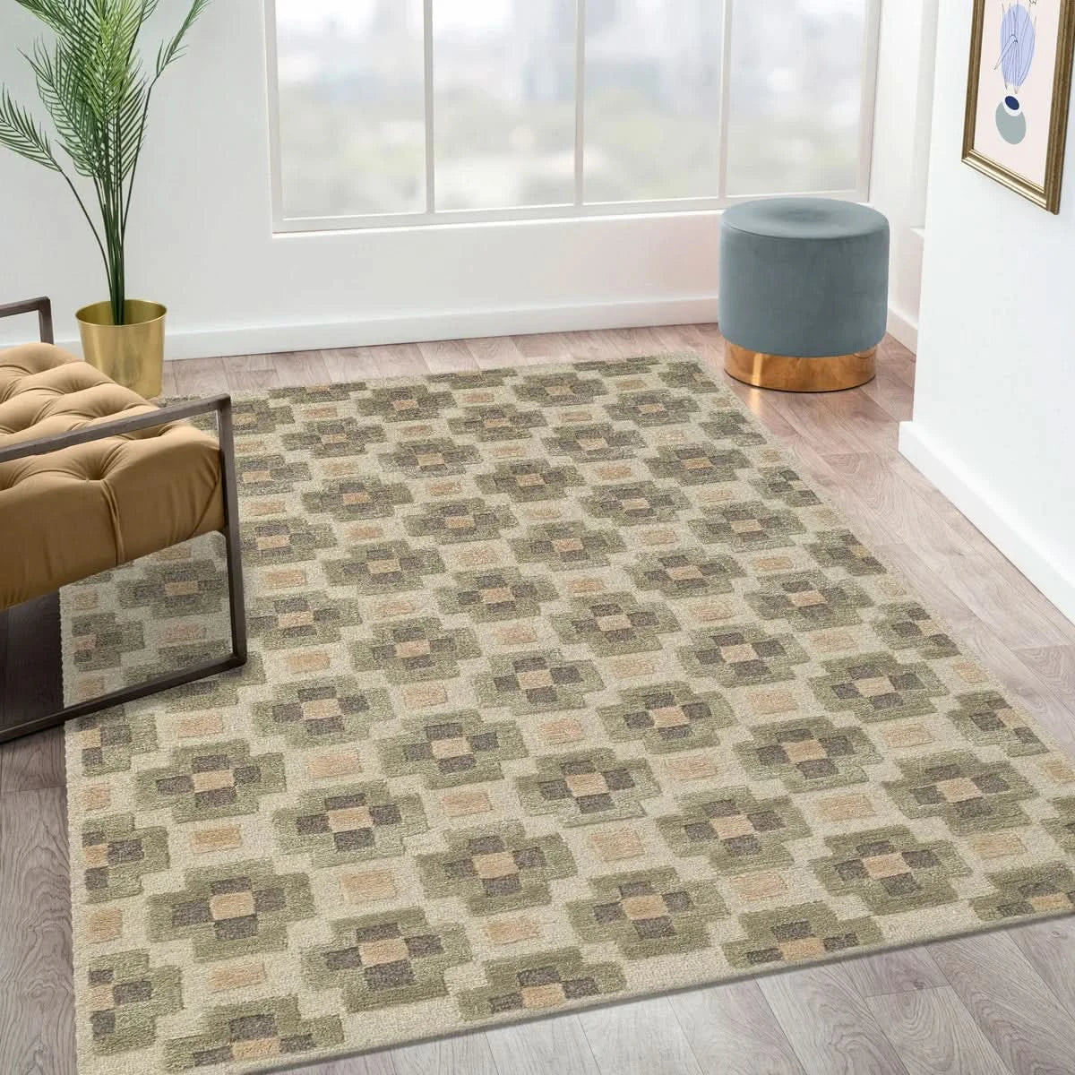 Obeetee Retro Hand Tufted Wool Area Rug, Glamour Green