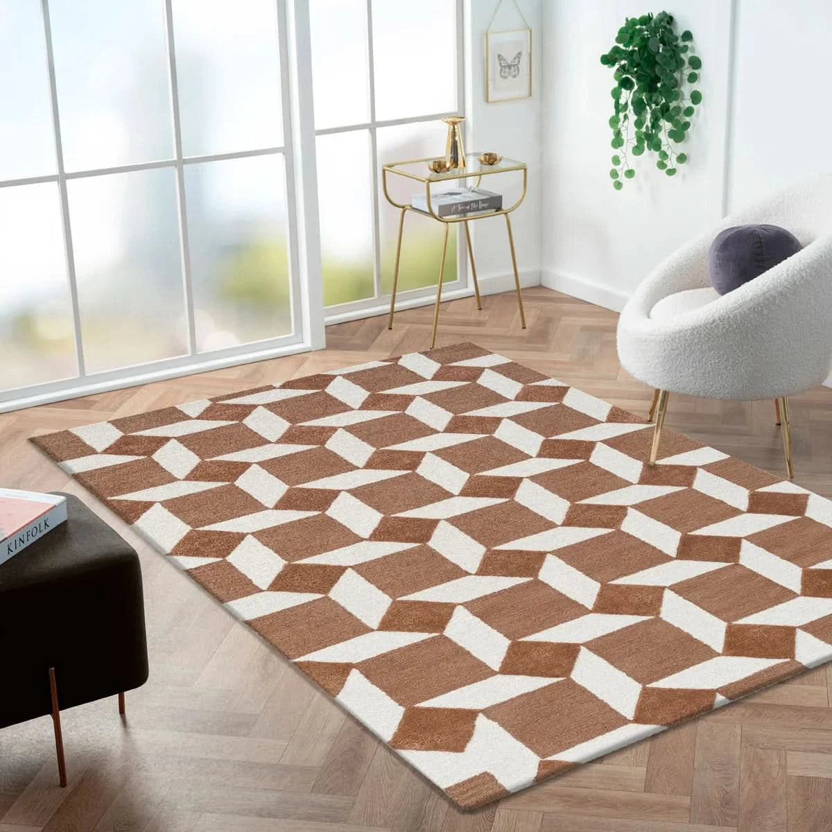 Obeetee Retro Hand Tufted Wool Area Rug, Nova Rust