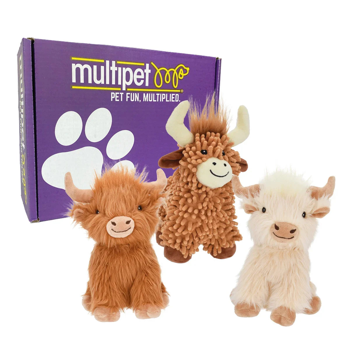 Multipet Highland Cow, Shaggy and Floppy Dog Toys, 3-count