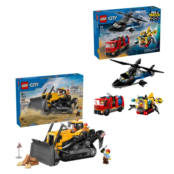 LEGO CITY Bulldozer and Helicopter, Fire Truck and Submarine Remix Bundle