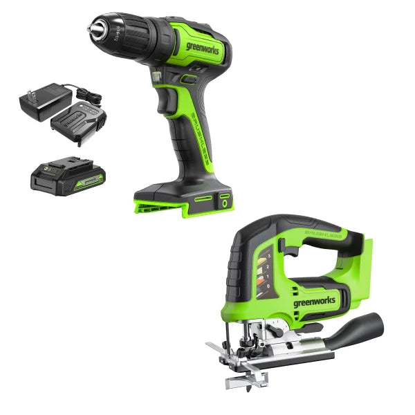 Greenworks 24V Brushless 1/2" 310 in/lbs Drill Kit & 24V Jig Saw
