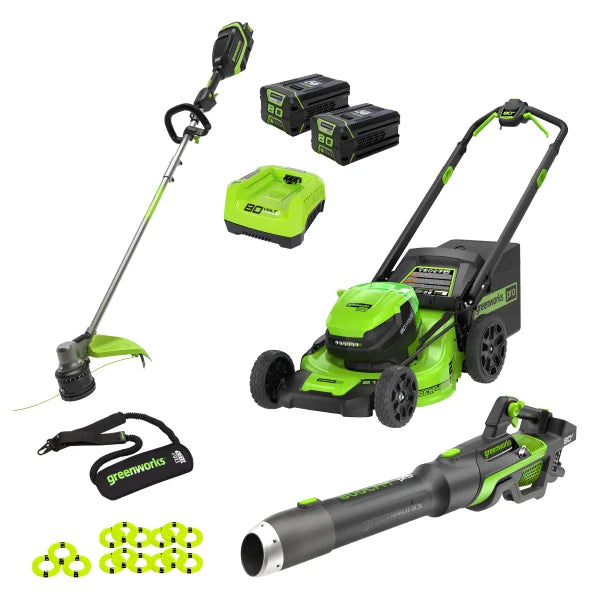 Greenworks 80V 21” Mower, 800CFM Blower, 17” Trimmer Combo Kit