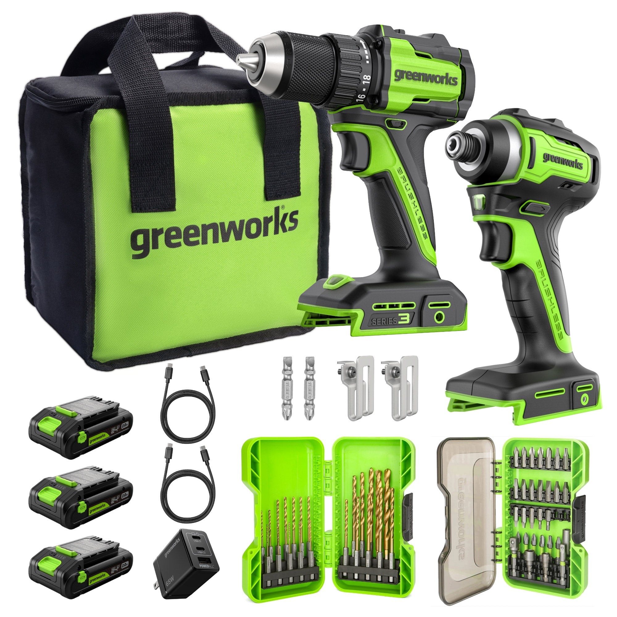 Greenworks 24V Drill & Impact Driver 2x2Ah Battery, 4Ah Battery, Charger