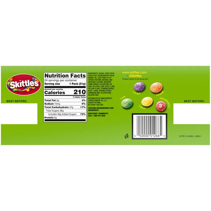 Skittles Bite Size Candy,  Sour, 1.8 oz, 24-count