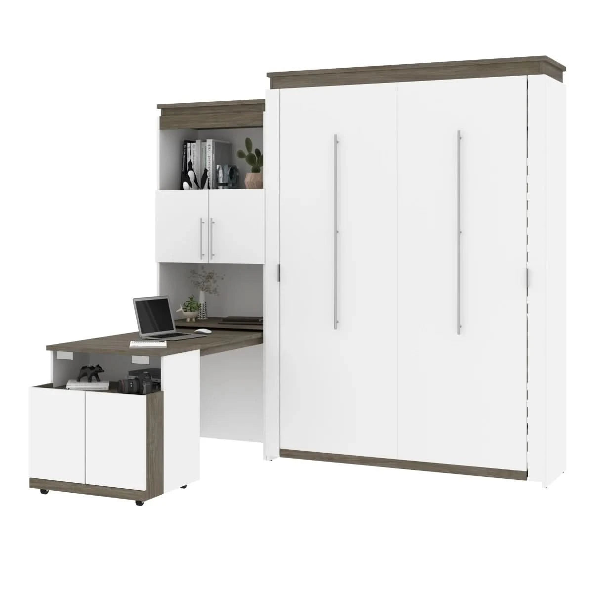Orion Queen Wall Bed and Shelving Unit with Fold-Out Desk