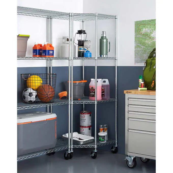 EcoStorage 4-Tier Corner Wire Shelving Rack with Wheels, 18" D, NSF, Chrome Color