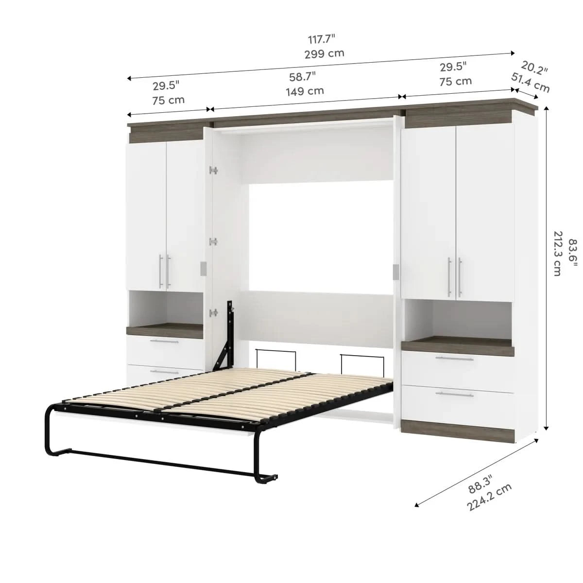 Orion Full Wall Bed with 2 Storage Cabinets and Nightstands