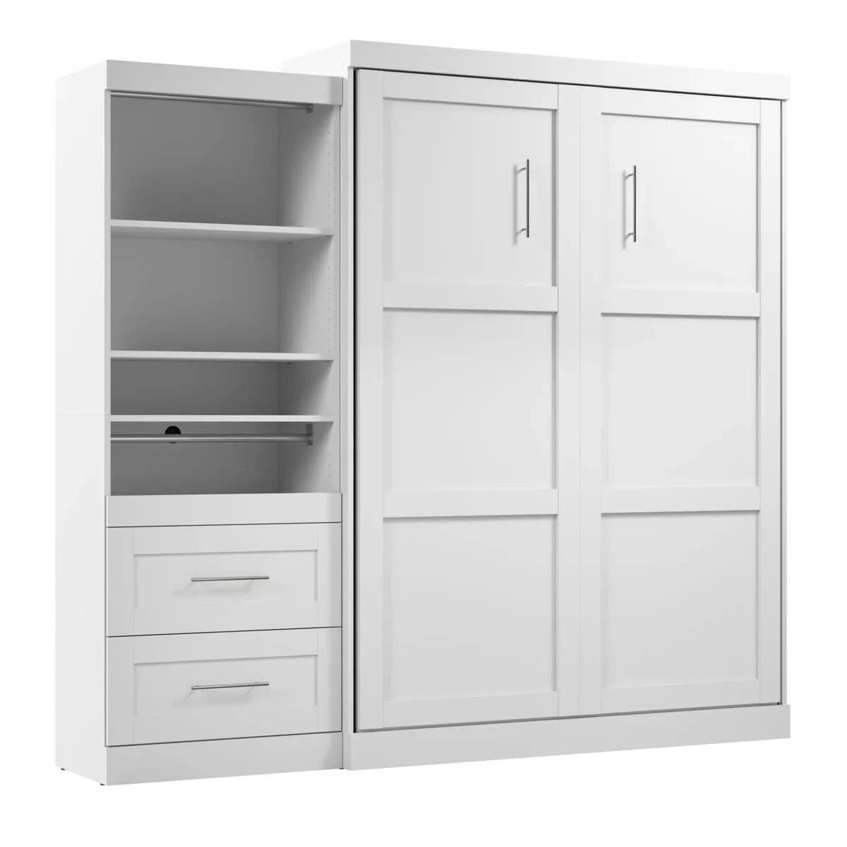 Boutique Queen Murphy Bed and Shelving Unit with Drawers and Pull-Out Shelf