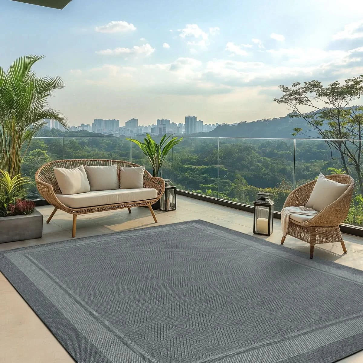 Ravenna Indoor/Outdoor Rug, Geo Border Silver