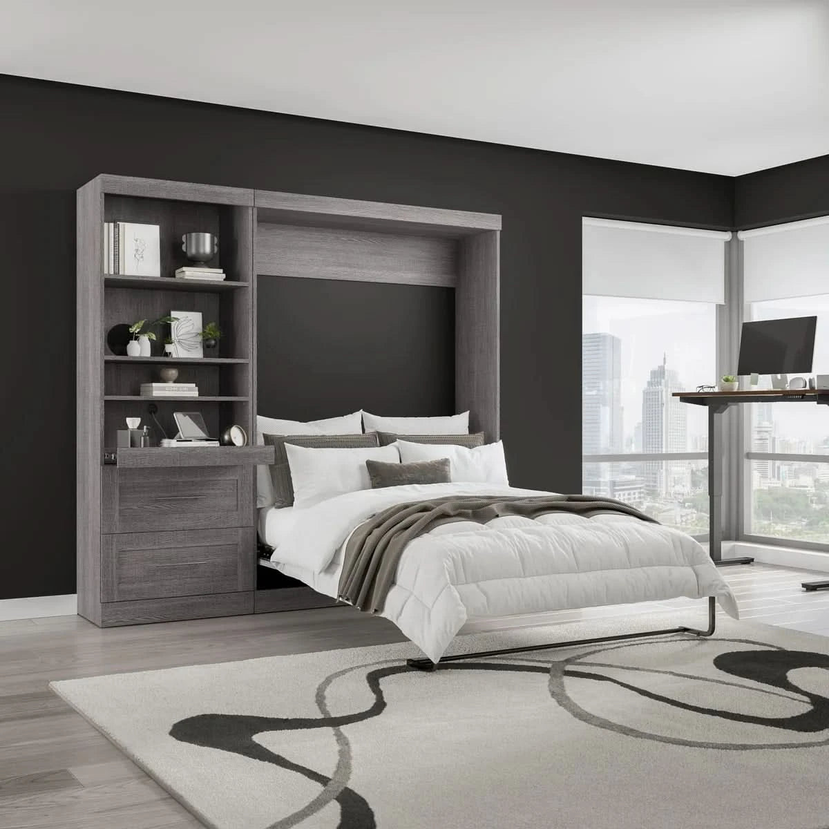 Boutique Full Murphy Bed and Shelving Unit with Drawers and Pull-Out Shelf