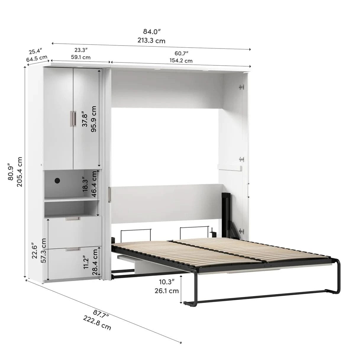 Lumina Full Murphy Bed with Desk and Storage Cabinet, White