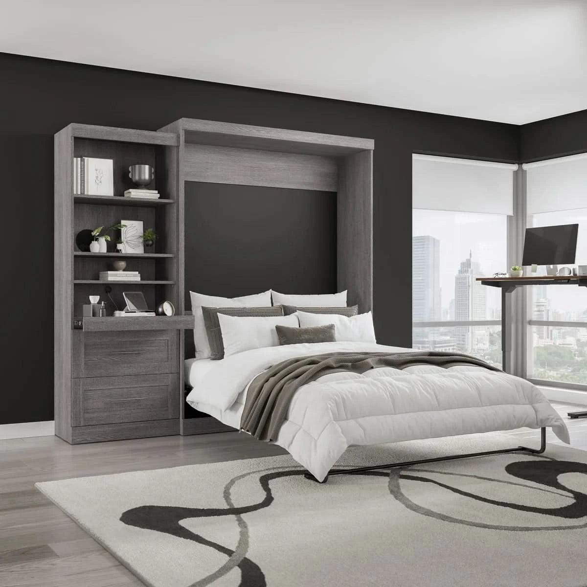 Boutique Queen Murphy Bed and Shelving Unit with Drawers and Pull-Out Shelf