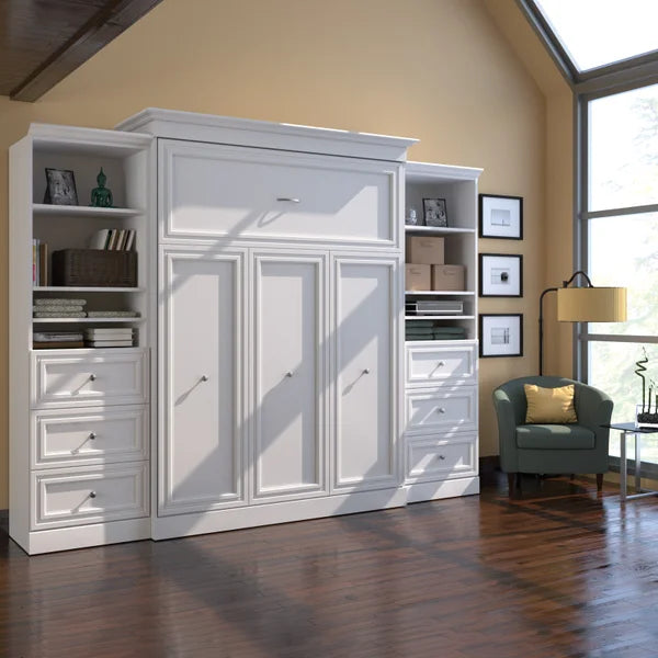 Bestar Audrea Queen Wall Bed in White with two 25" Storage Units with Drawers