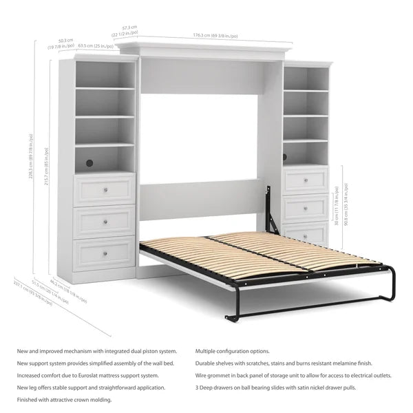 Bestar Audrea Queen Wall Bed in White with two 25" Storage Units with Drawers